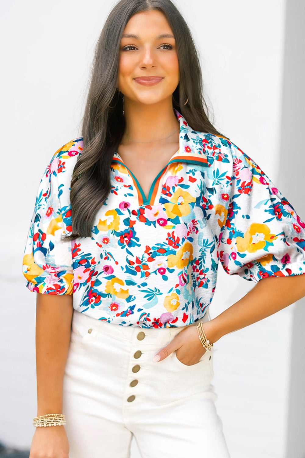 Pink Floral Print Slit V Neck Short Sleeve Blouse