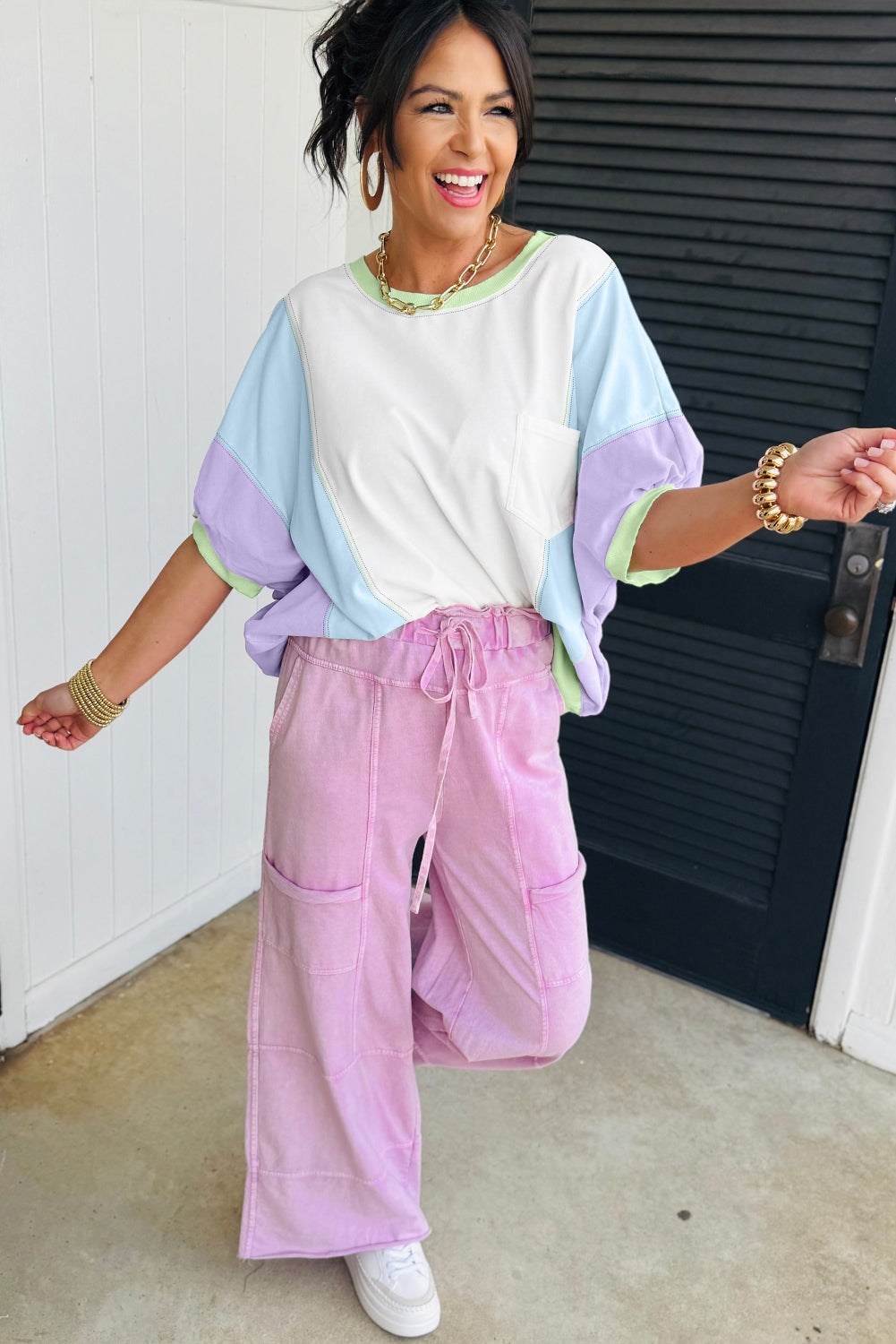 Purple Color Block Patchwork Half Sleeve Oversized T Shirt
