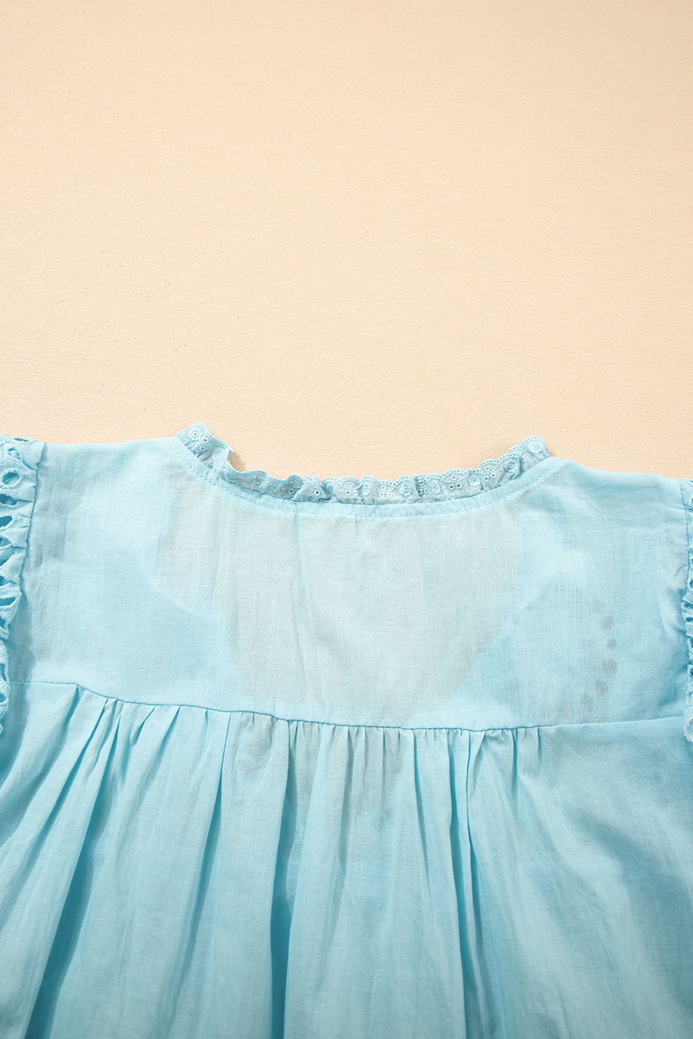White Embroidered Lace Patchwork Tie Neck Puff Short Sleeve Blouse