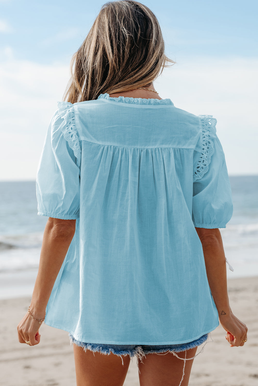 White Embroidered Lace Patchwork Tie Neck Puff Short Sleeve Blouse