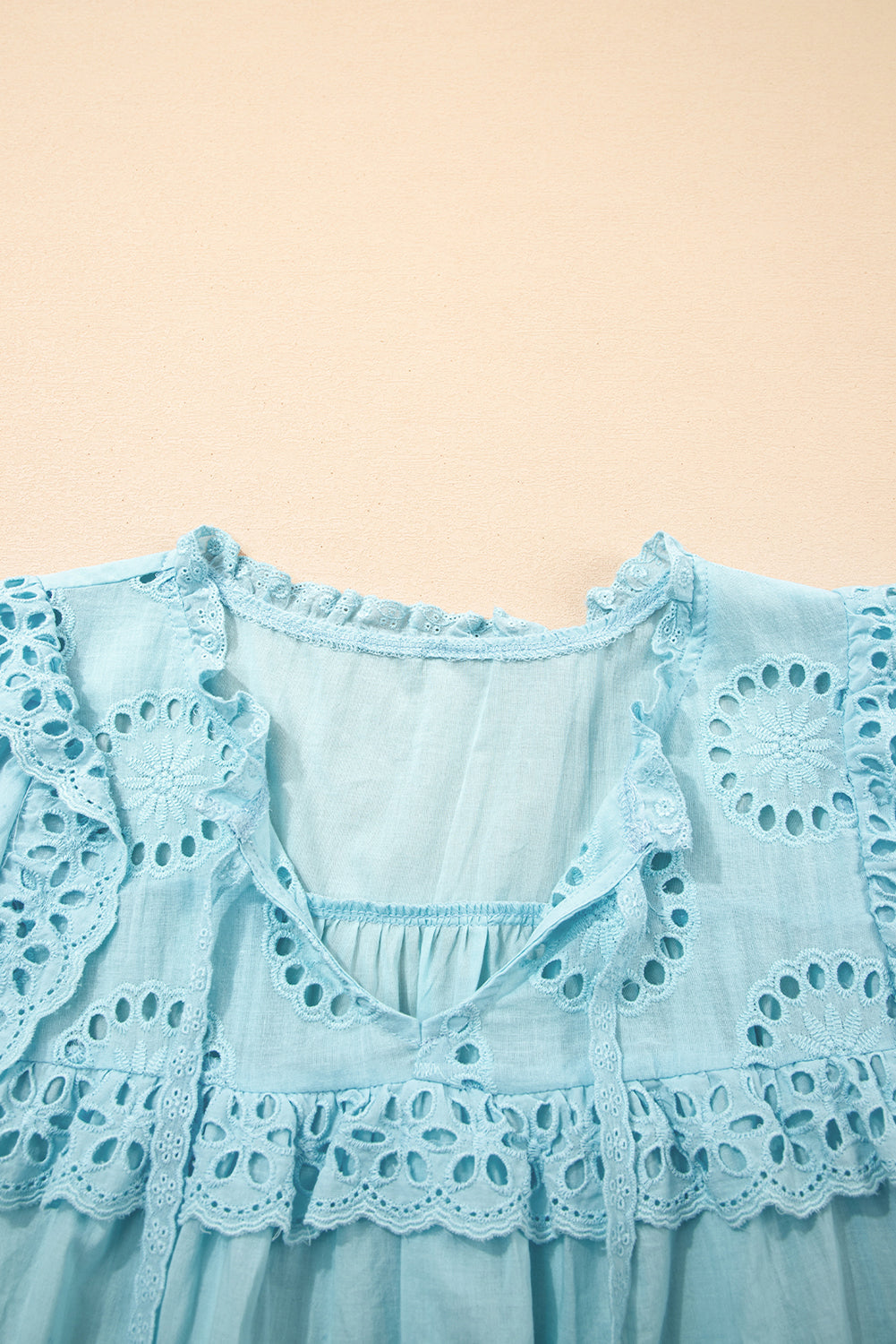 White Embroidered Lace Patchwork Tie Neck Puff Short Sleeve Blouse