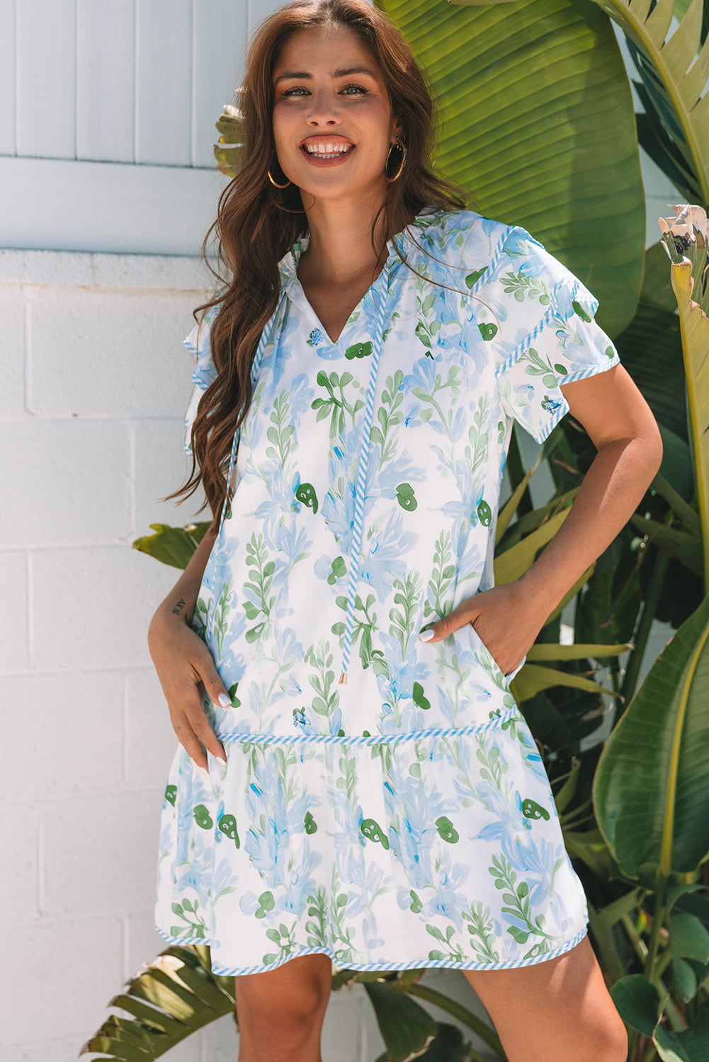 Pink Floral Contrast Edge Layered Short Sleeve Mini Dress