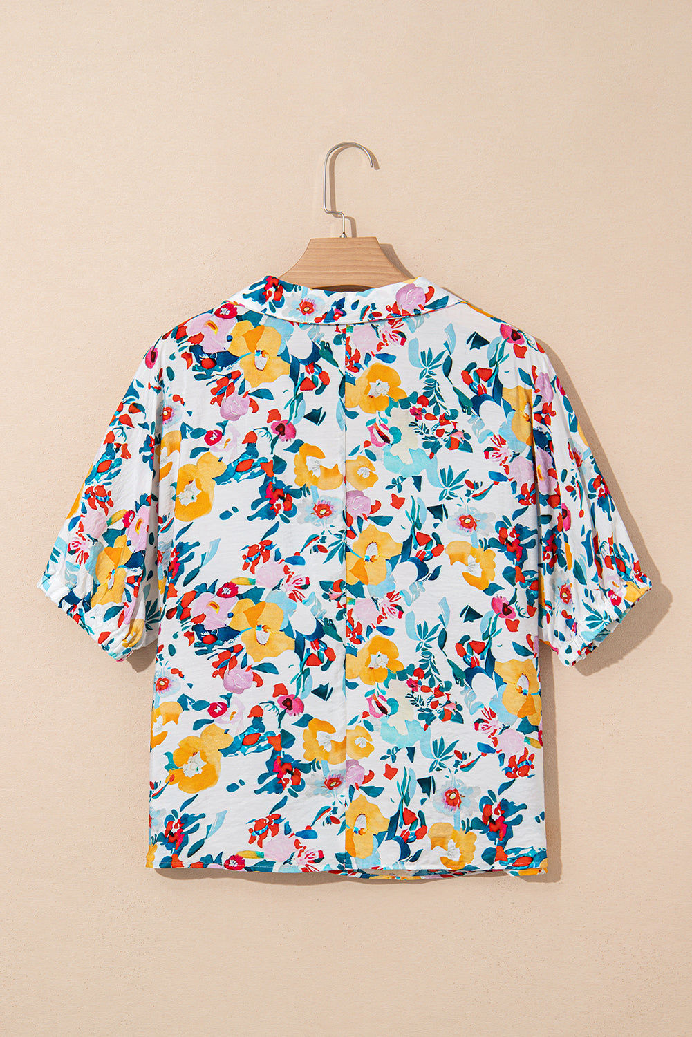 Pink Floral Print Slit V Neck Short Sleeve Blouse