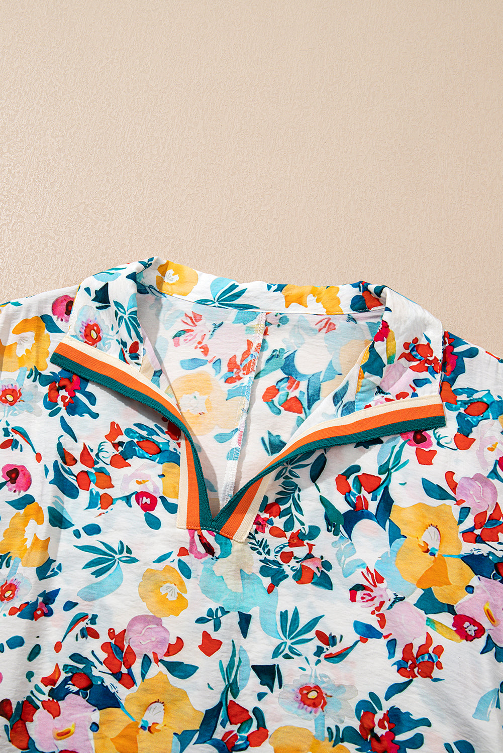Pink Floral Print Slit V Neck Short Sleeve Blouse