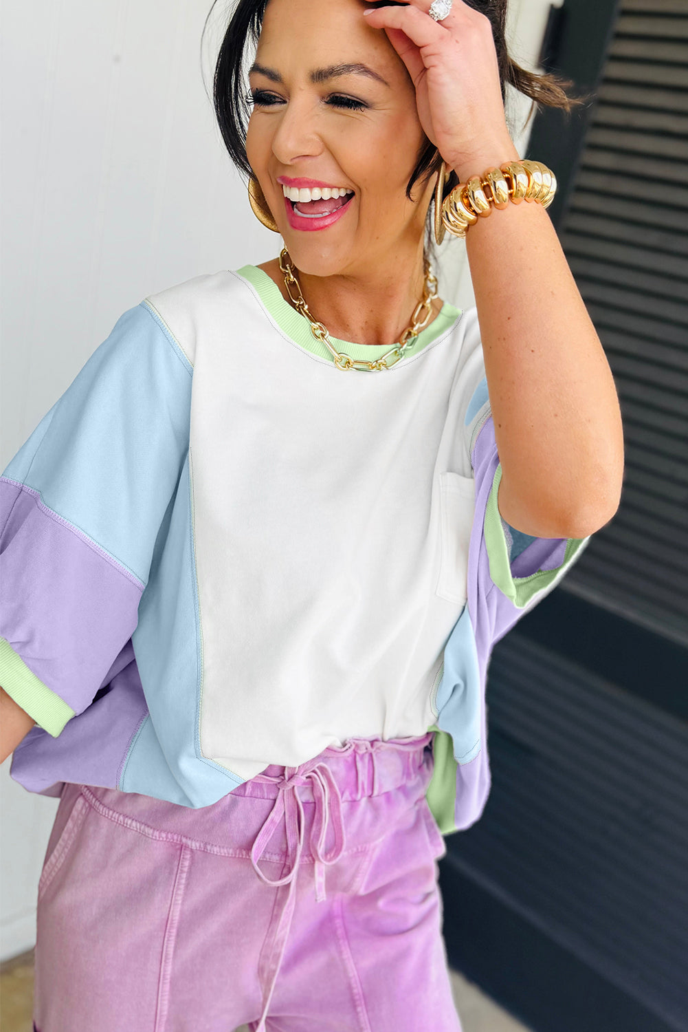 Purple Color Block Patchwork Half Sleeve Oversized T Shirt