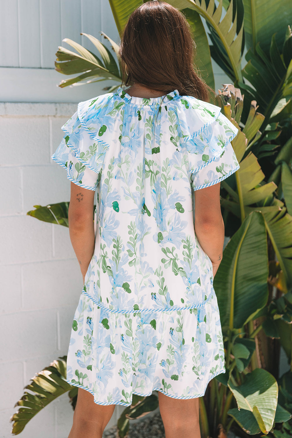 Pink Floral Contrast Edge Layered Short Sleeve Mini Dress