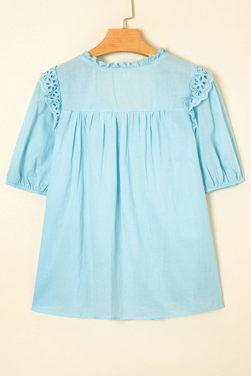 White Embroidered Lace Patchwork Tie Neck Puff Short Sleeve Blouse