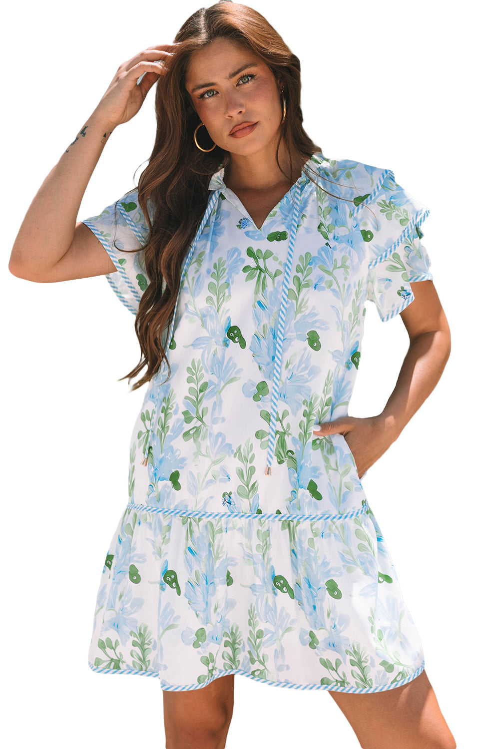 Pink Floral Contrast Edge Layered Short Sleeve Mini Dress