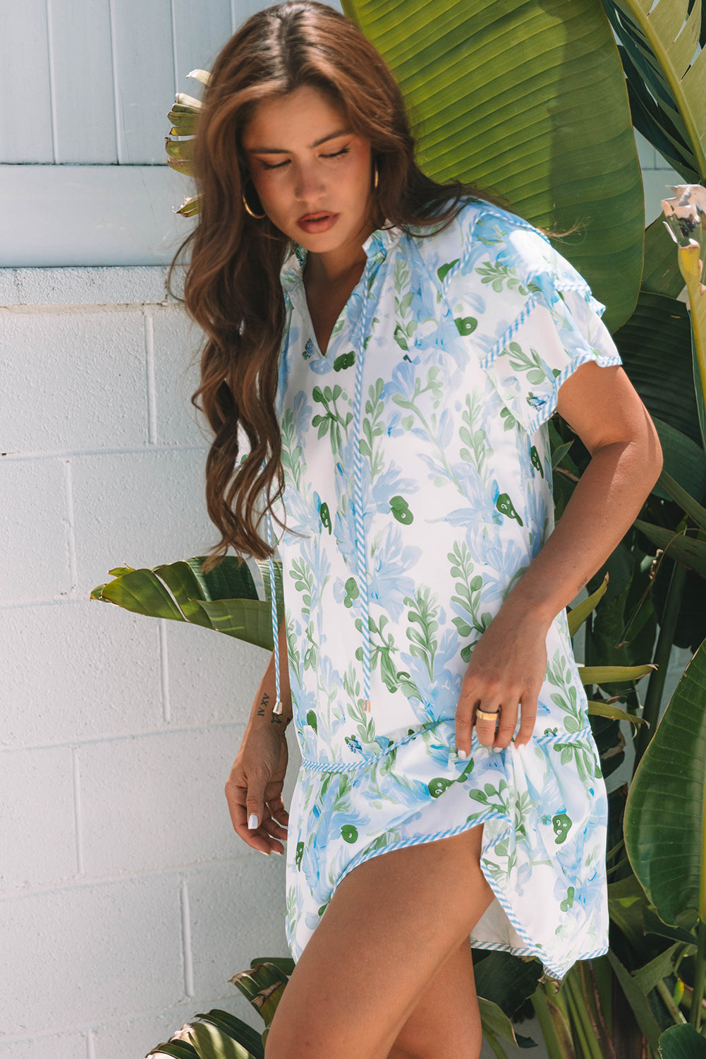 Pink Floral Contrast Edge Layered Short Sleeve Mini Dress