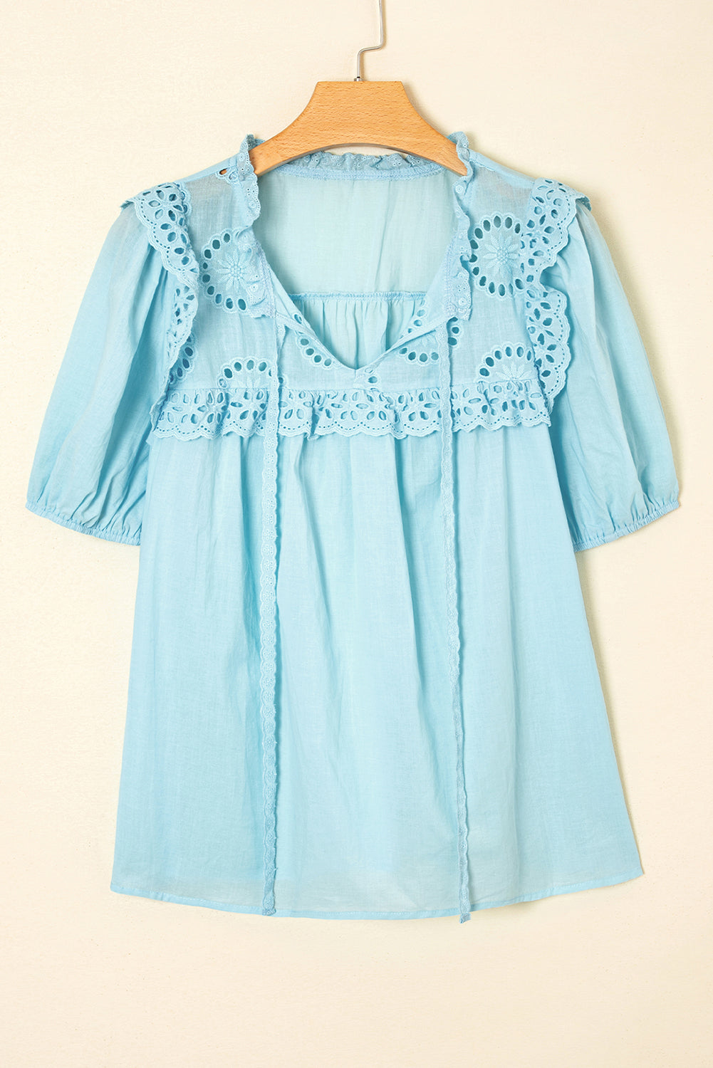 White Embroidered Lace Patchwork Tie Neck Puff Short Sleeve Blouse