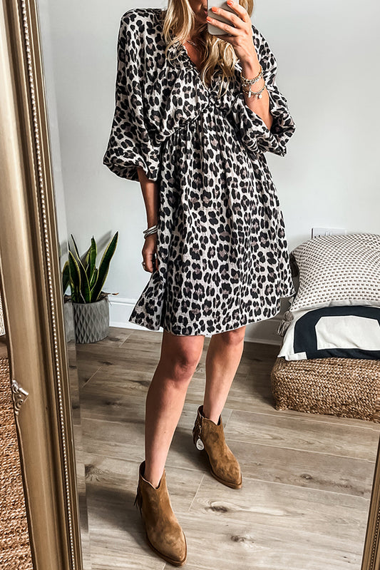 Black Leopard Print Elasticated V Neck 3/4 Puff Sleeve Dress