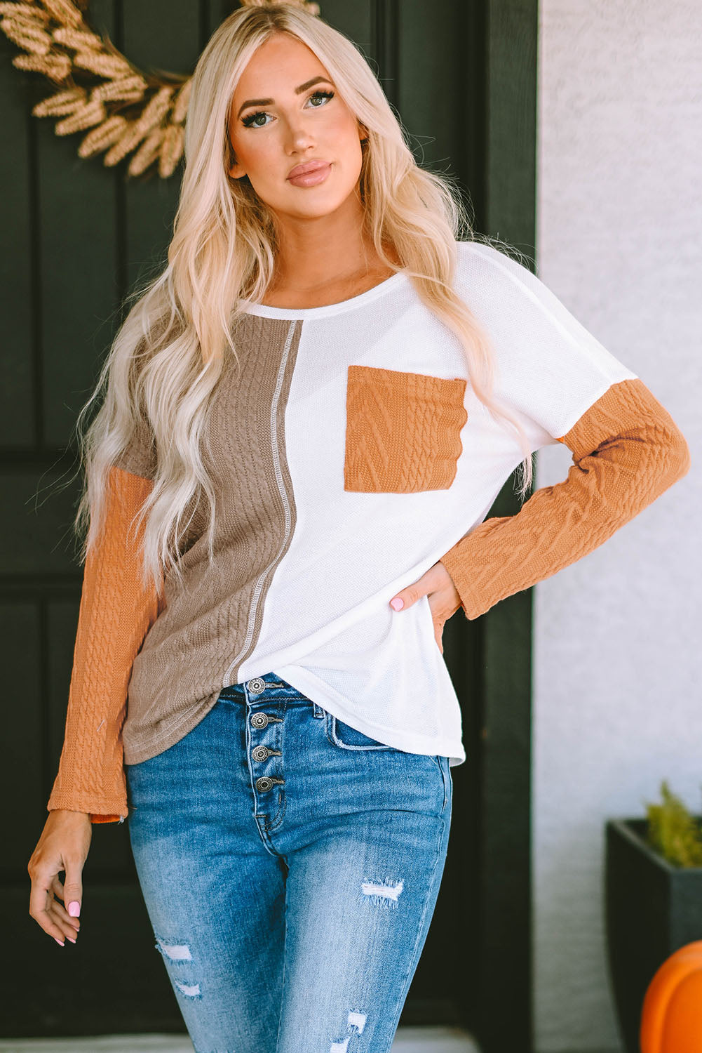 Black Long Sleeve Colorblock Chest Pocket Textured Knit Top