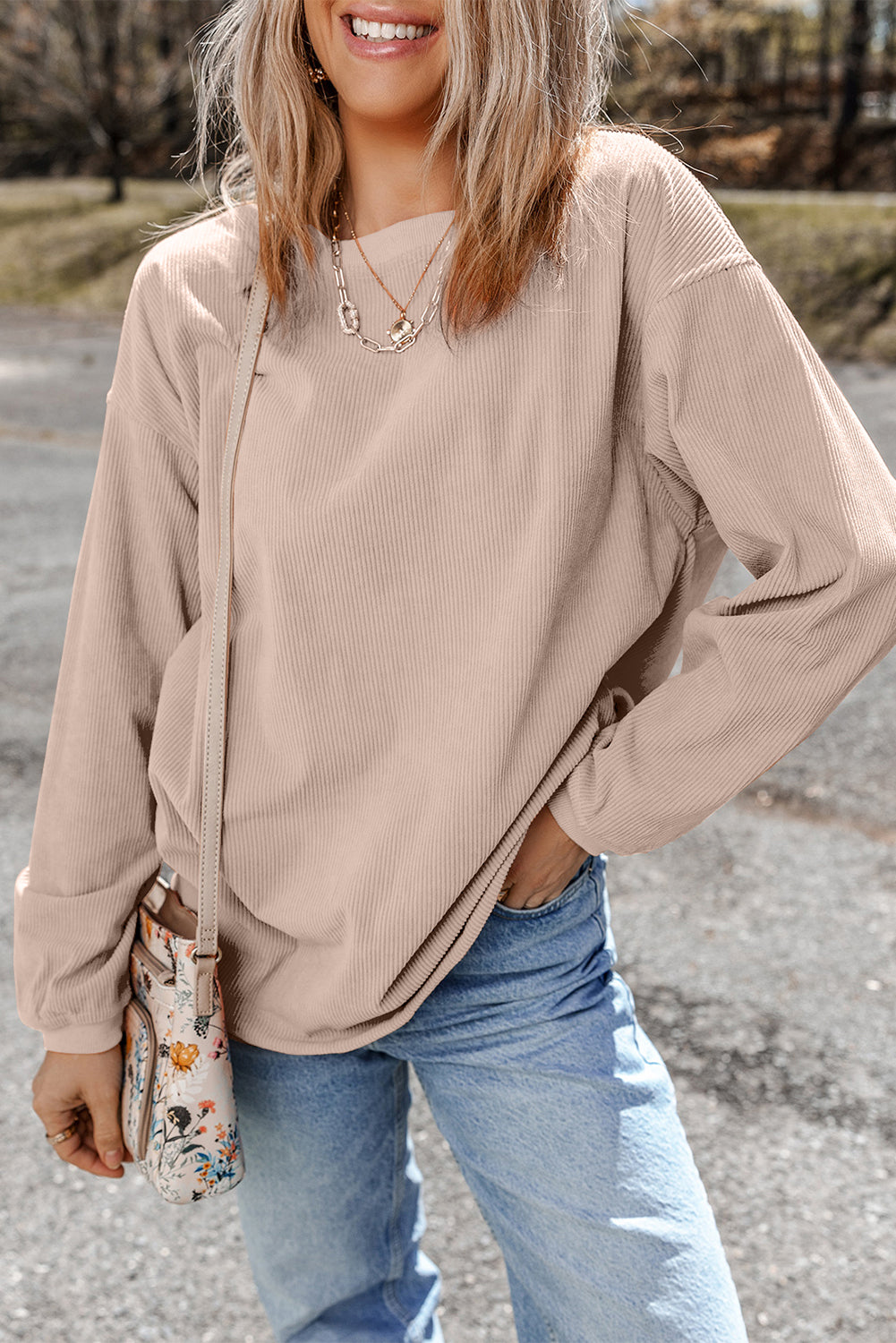 White Ribbed Corduroy Oversized Sweatshirt