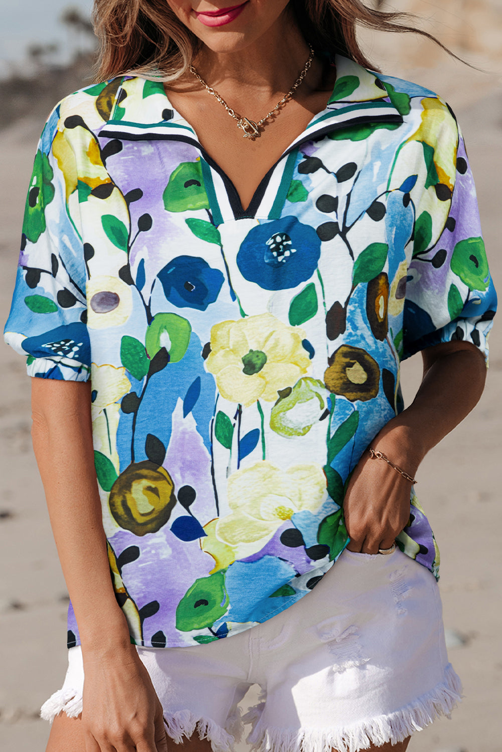 Pink Floral Print Slit V Neck Short Sleeve Blouse