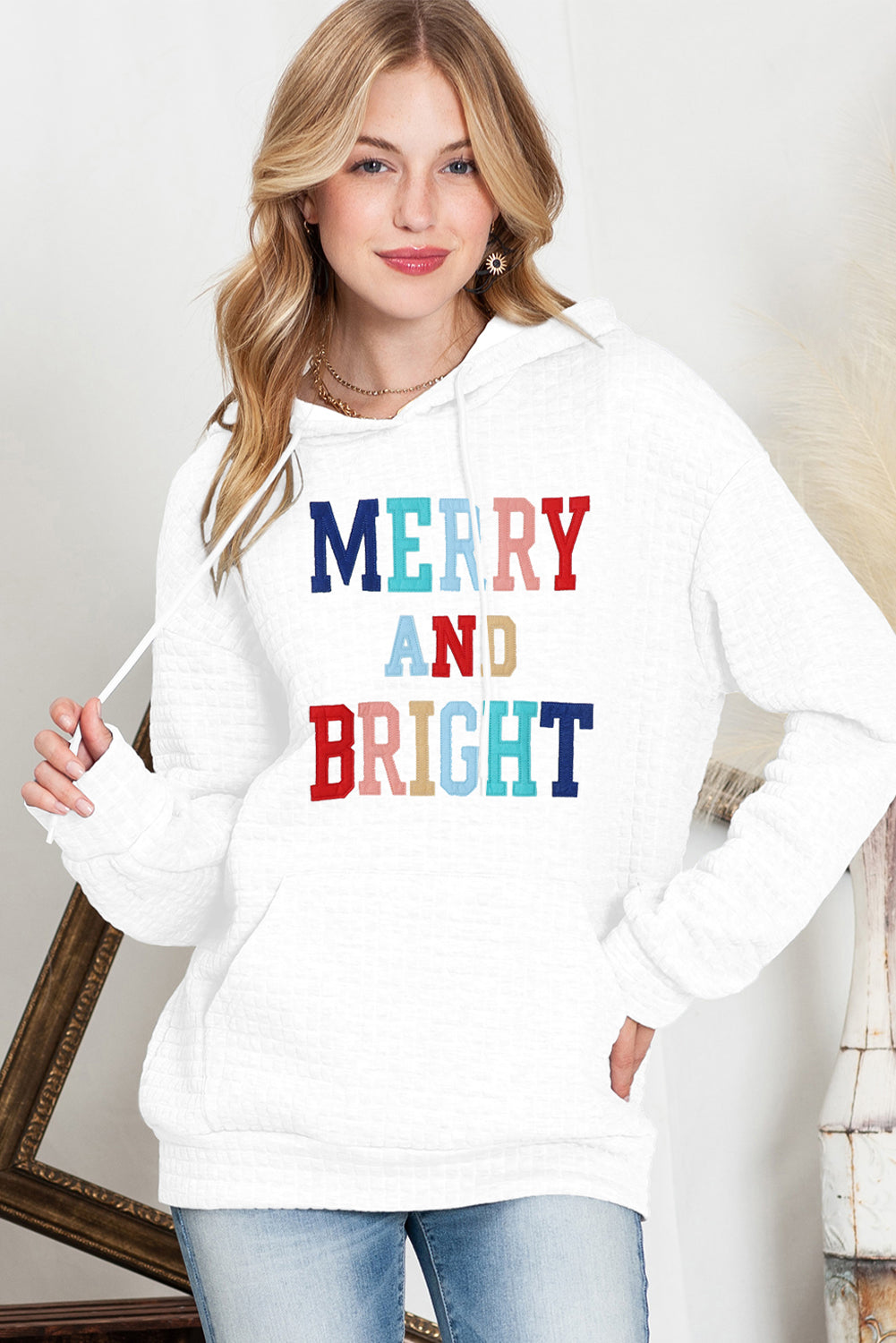 White MERRY AND BRIGHT Lattice Texture Graphic Hoodie