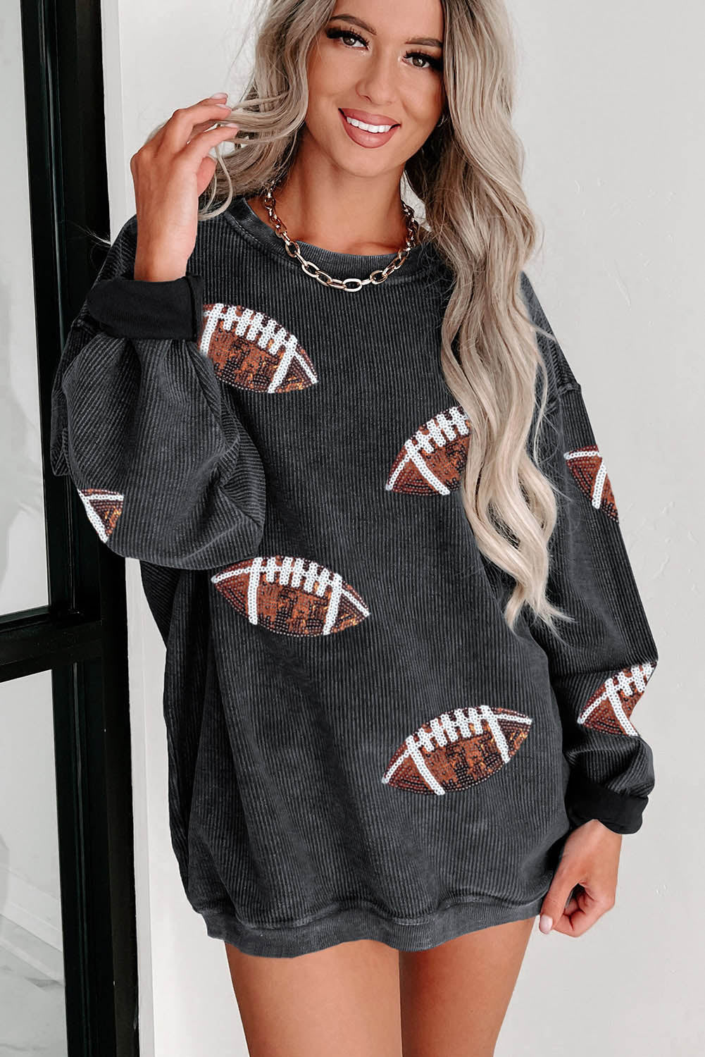 Black Sequin Rugby Graphic Corded Baggy Sweatshirt