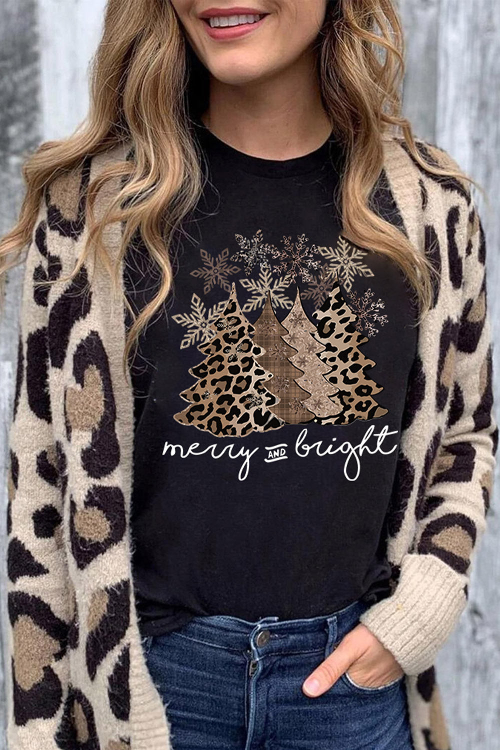 White Leopard Christmas Tree Casual Crew Neck Graphic Tee