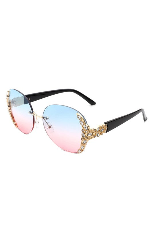 Women Rimless Round Rhinestone Oversize Sunglasses