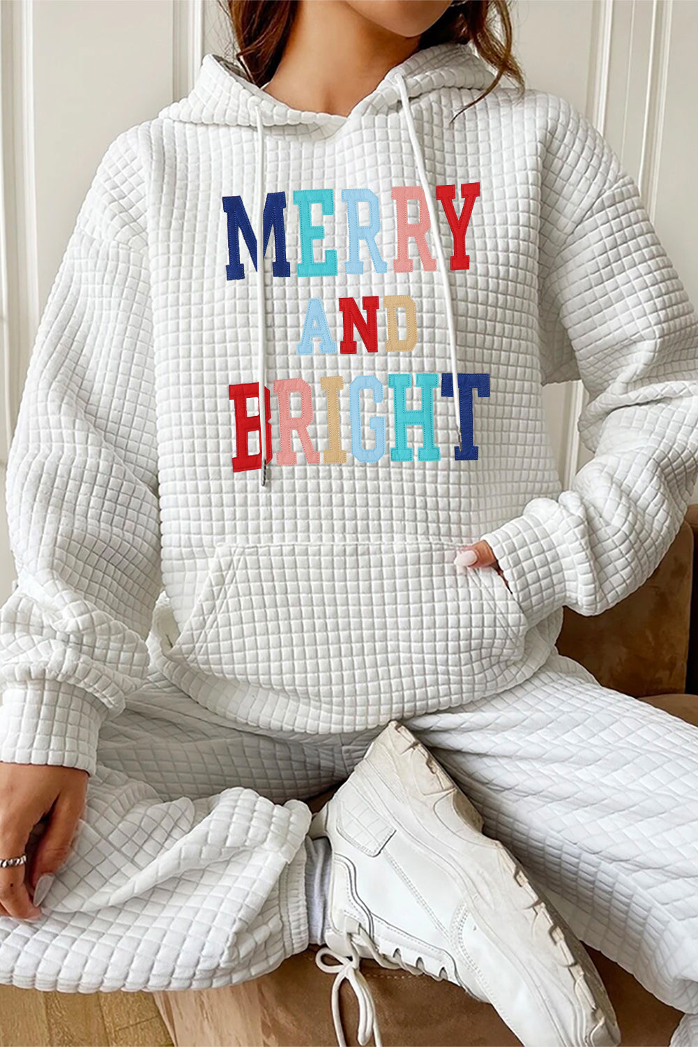 White MERRY AND BRIGHT Lattice Texture Graphic Hoodie