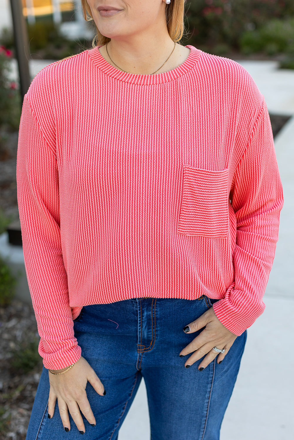 Peach Blossom Plus Size Ribbed Textured Long Sleeve T Shirt