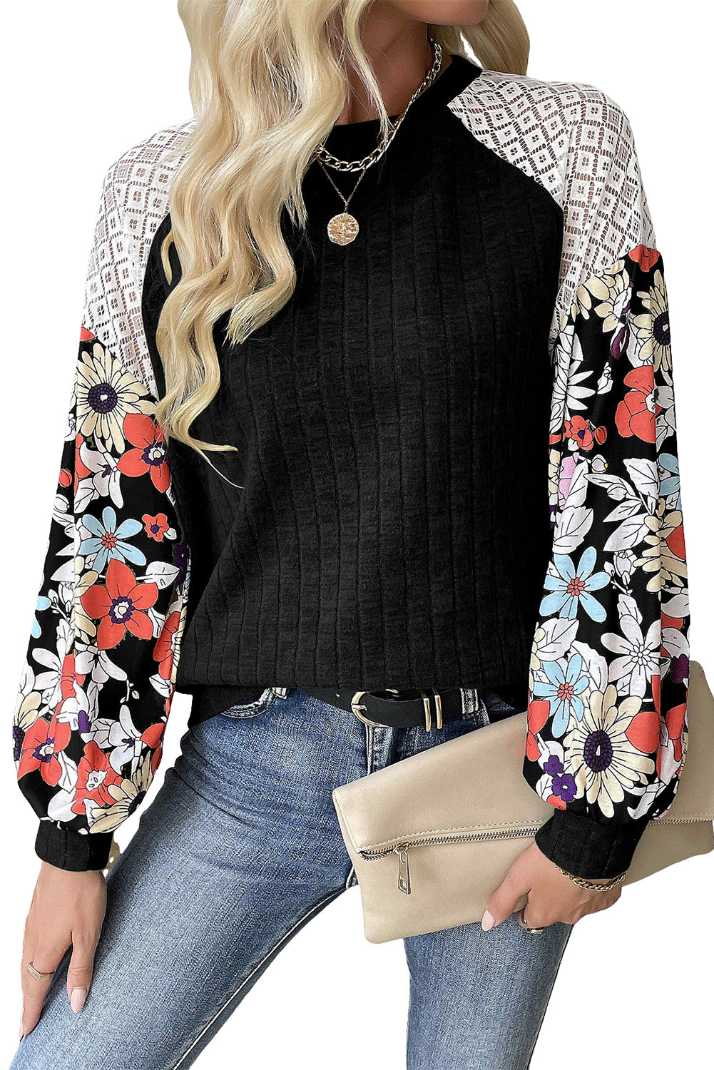 Laurel Green Floral Patchwork Long Sleeve Ribbed Blouse