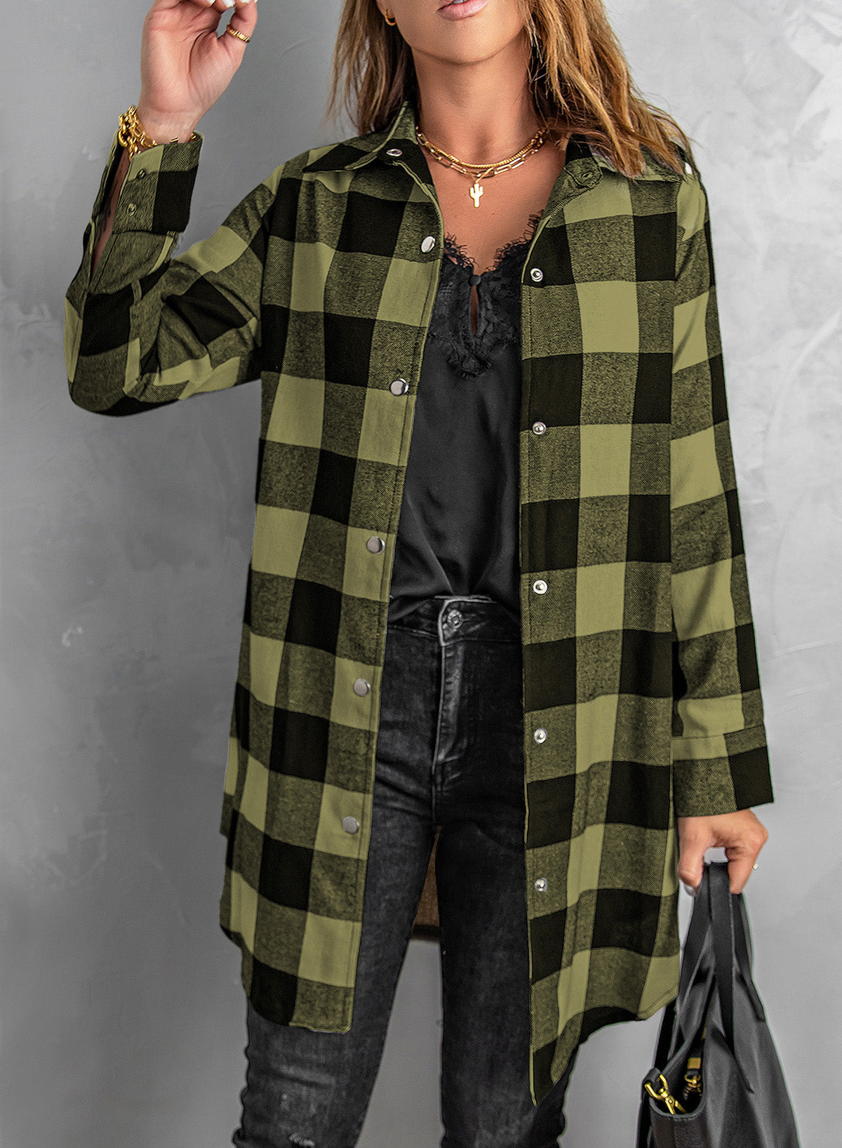 Brown Turn-down Collar Plaid Shirt Coat