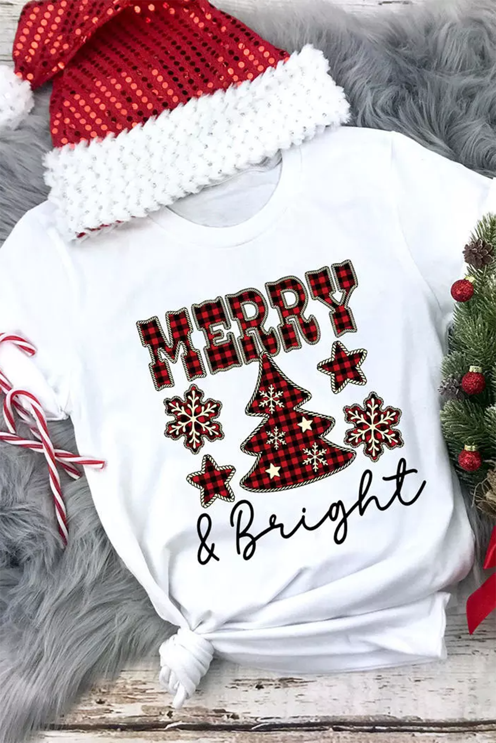 White MERRY and Bright Plaid Print Christmas Crewneck Graphic T Shirt