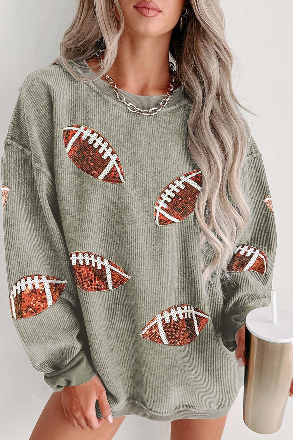 Black Sequin Rugby Graphic Corded Baggy Sweatshirt