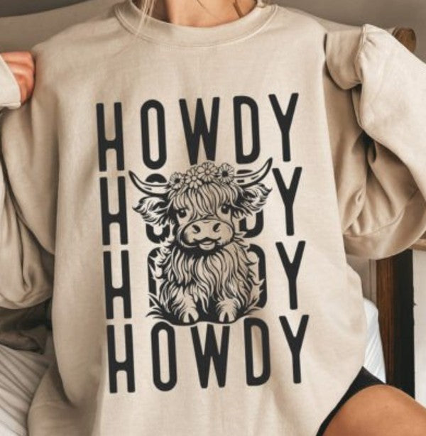 Howdy Repeat Cow Graphic Crew Sweatshirt