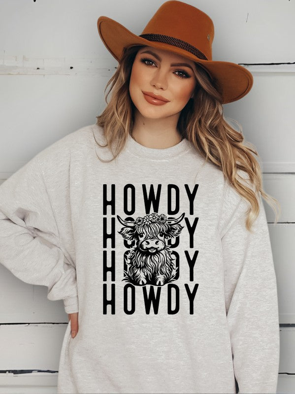 Howdy Repeat Cow Graphic Crew Sweatshirt