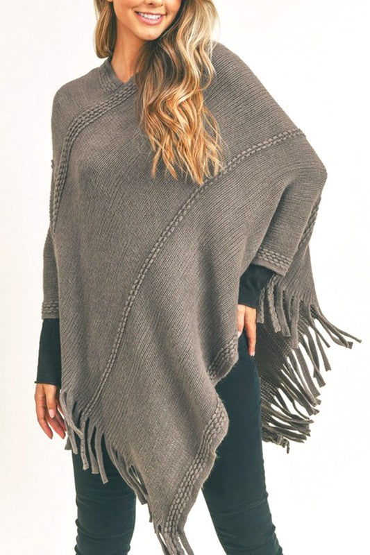 Line Stitch Flat Knit Fringe Poncho