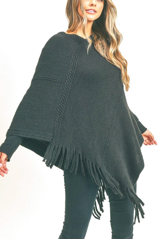 Line Stitch Flat Knit Fringe Poncho