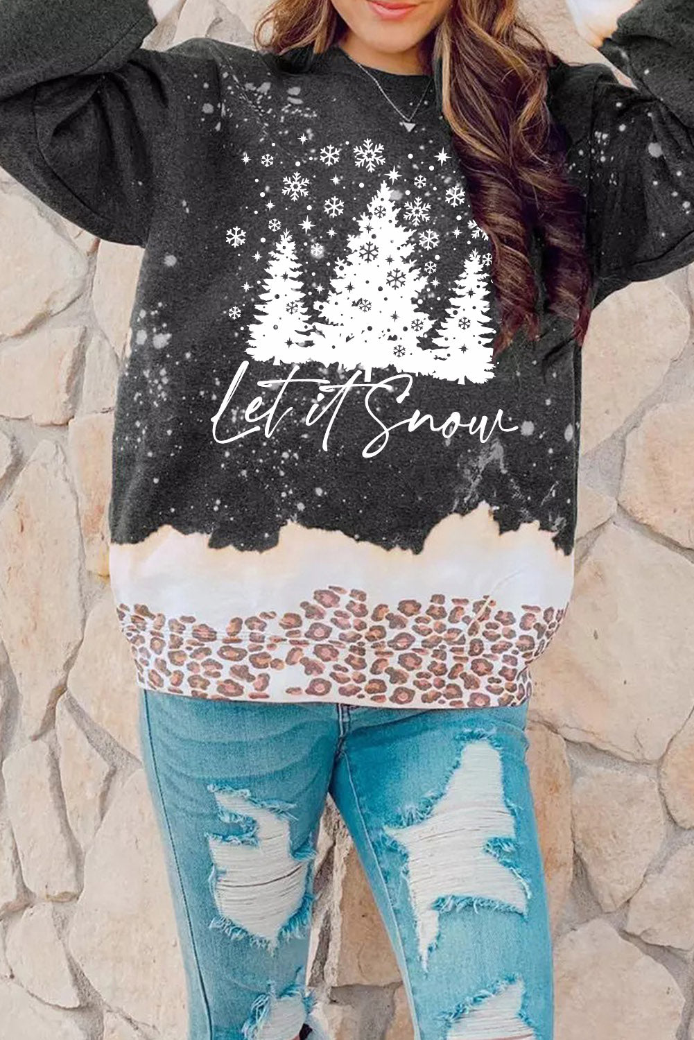 Black Christmas Tree Snowy Leopard Tie Dye Graphic Sweatshirt