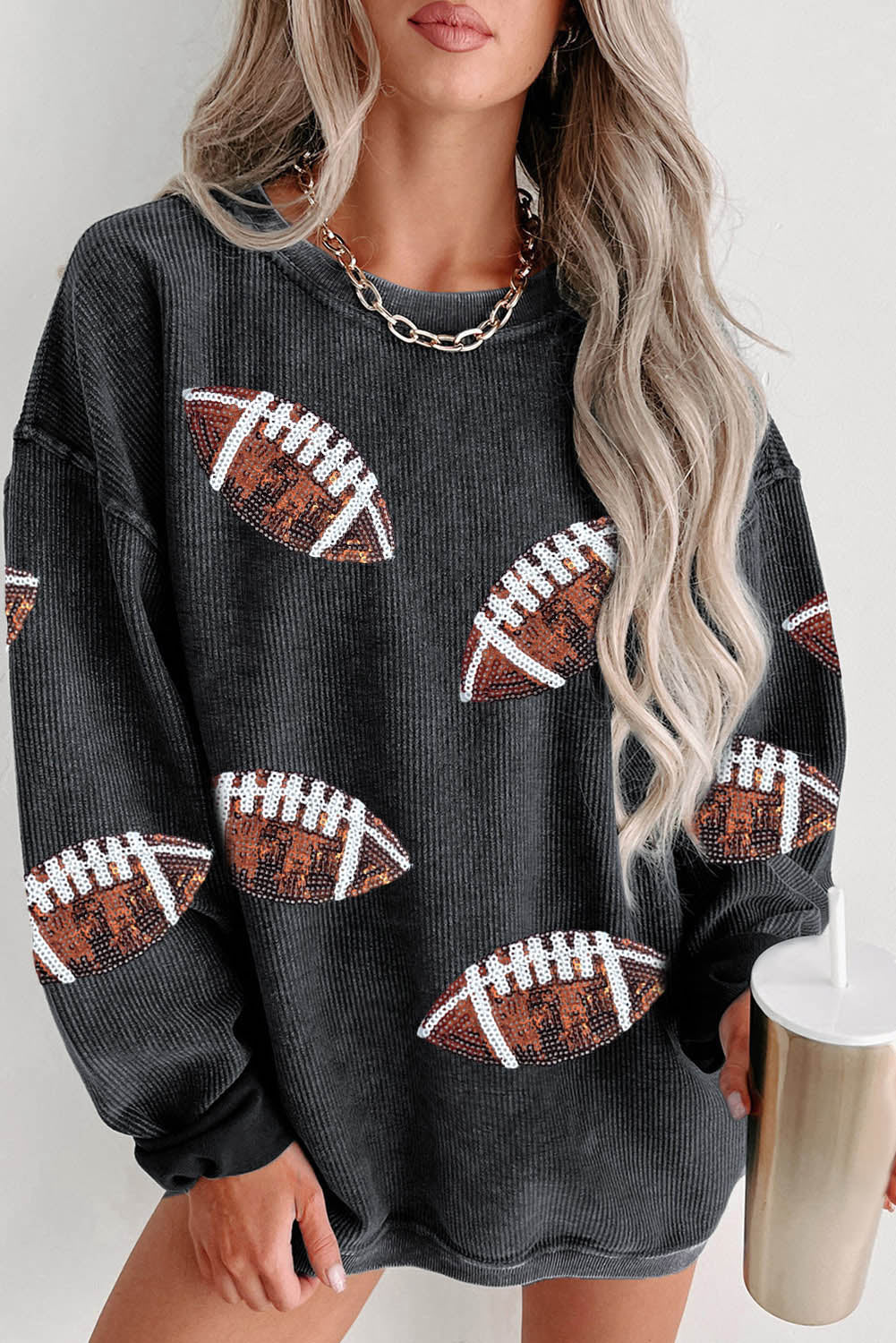 Black Sequin Rugby Graphic Corded Baggy Sweatshirt