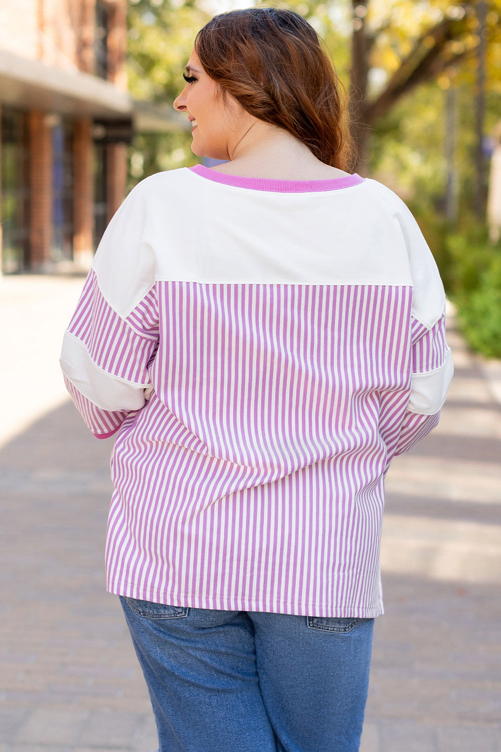 Khaki Stripe Patchwork Bracelet Sleeve Plus Size T Shirt