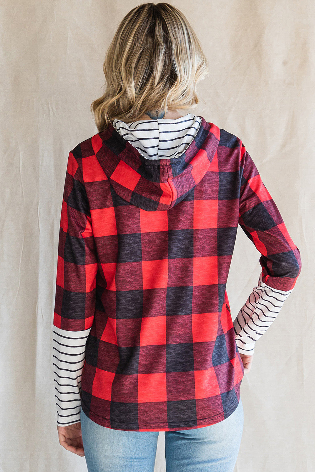 Red Plaid Patch Sleeve Leopard Christmas Graphic Hoodie