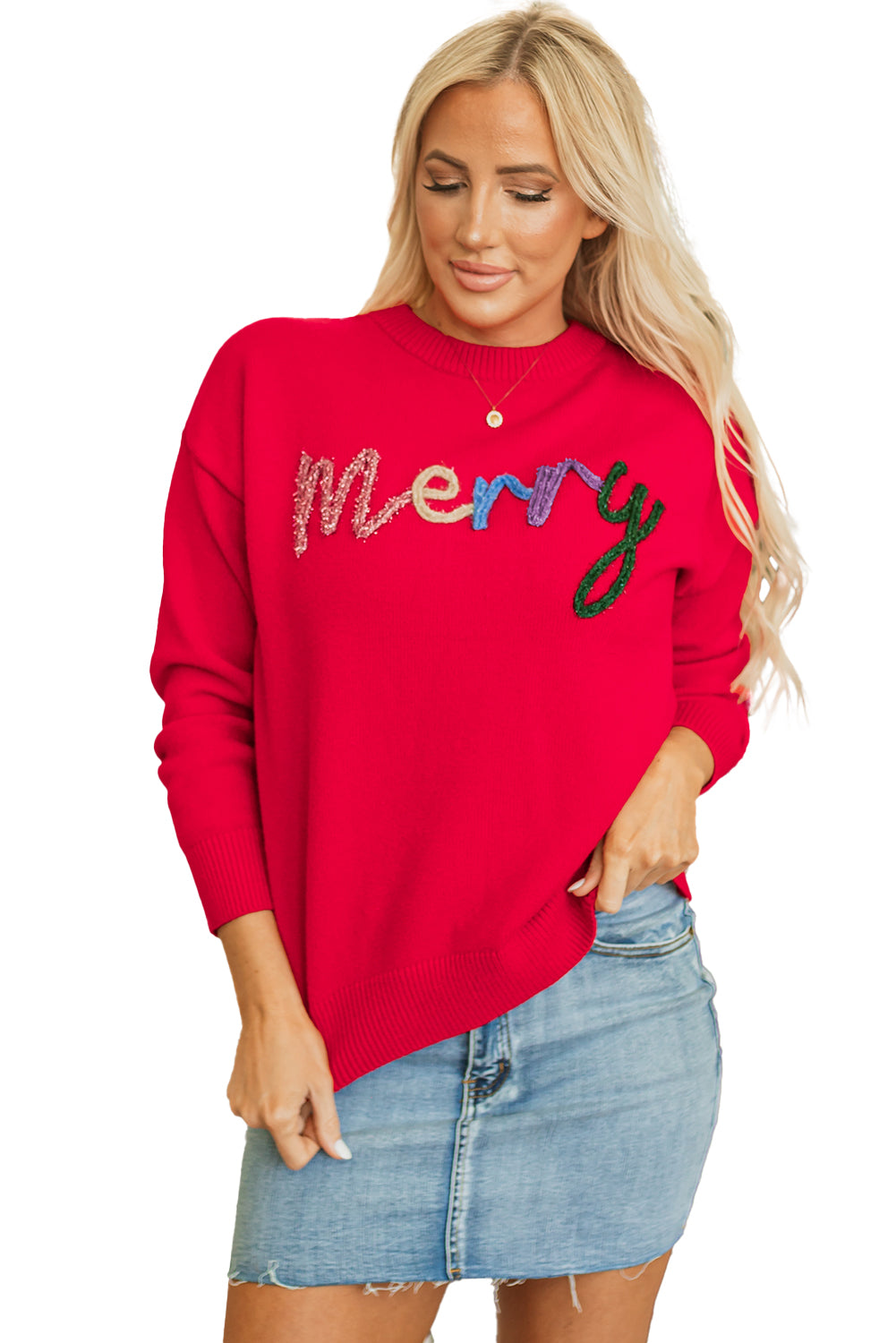 Fiery Red Tinsel Merry Letter Drop Shoulder Baggy Sweater