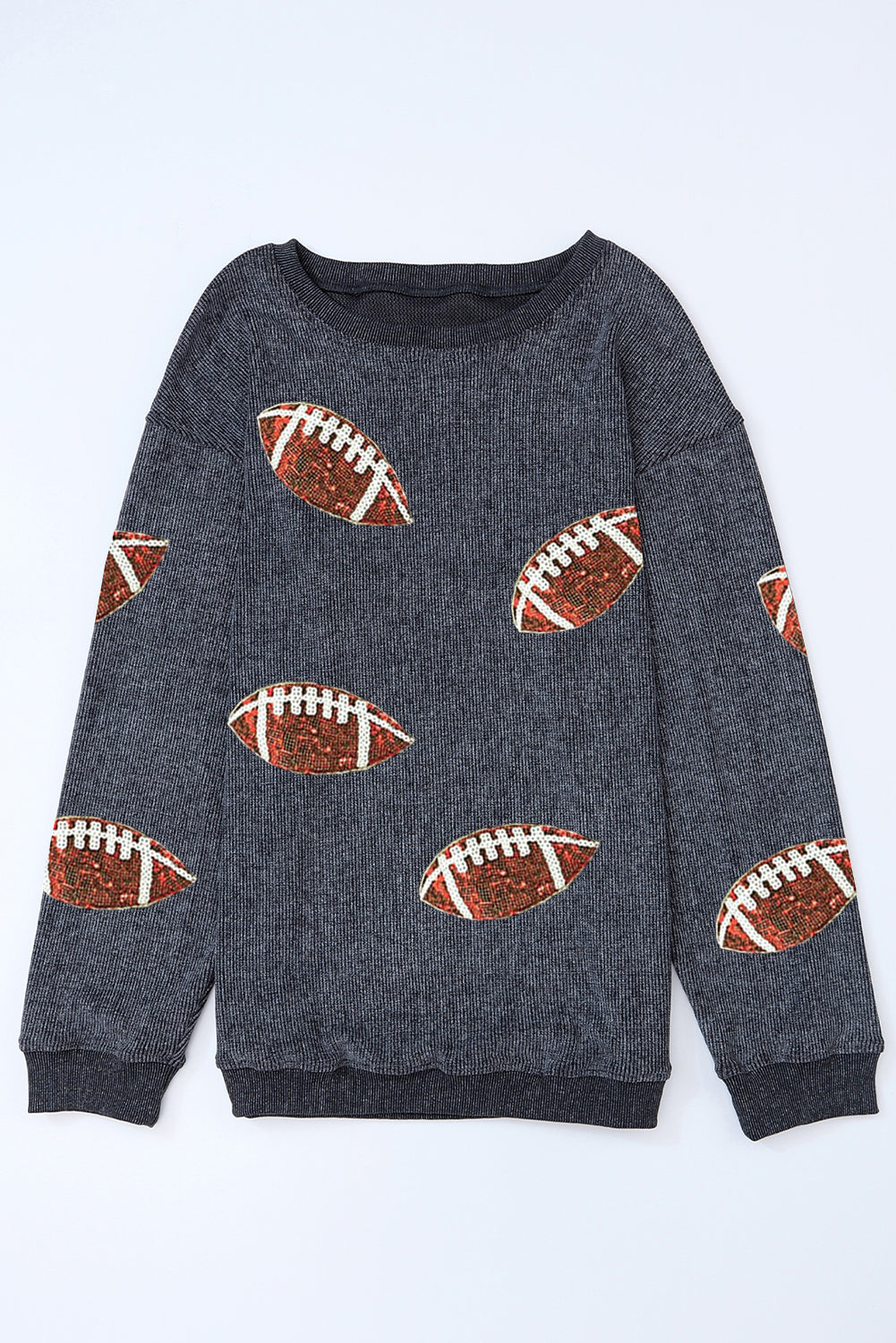 Black Sequin Rugby Graphic Corded Baggy Sweatshirt