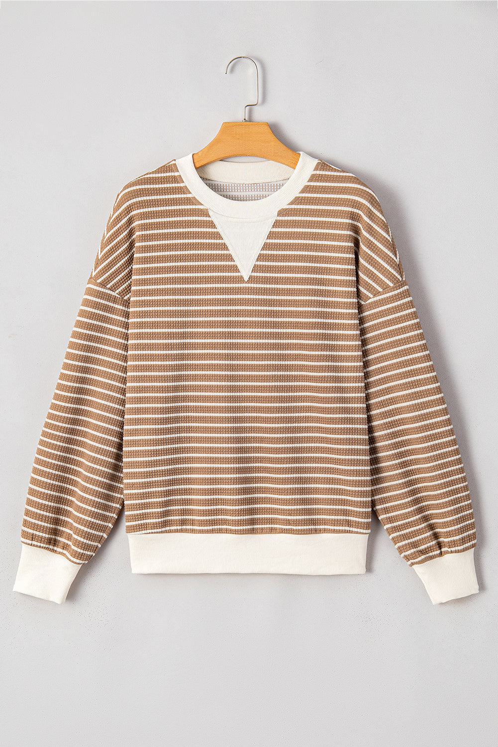 Khaki Stripe Patched Edge Textured Round Neck Long Sleeve Top