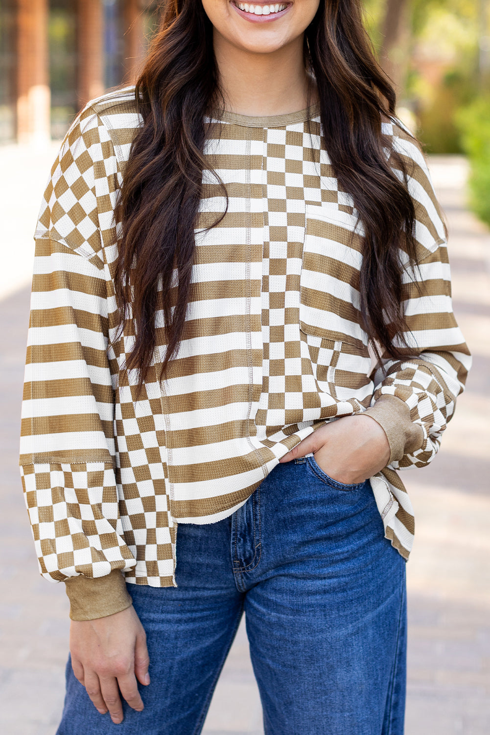 Rose Red Checkerboard Striped Patchwork Lantern Sleeve Pocketed Blouse