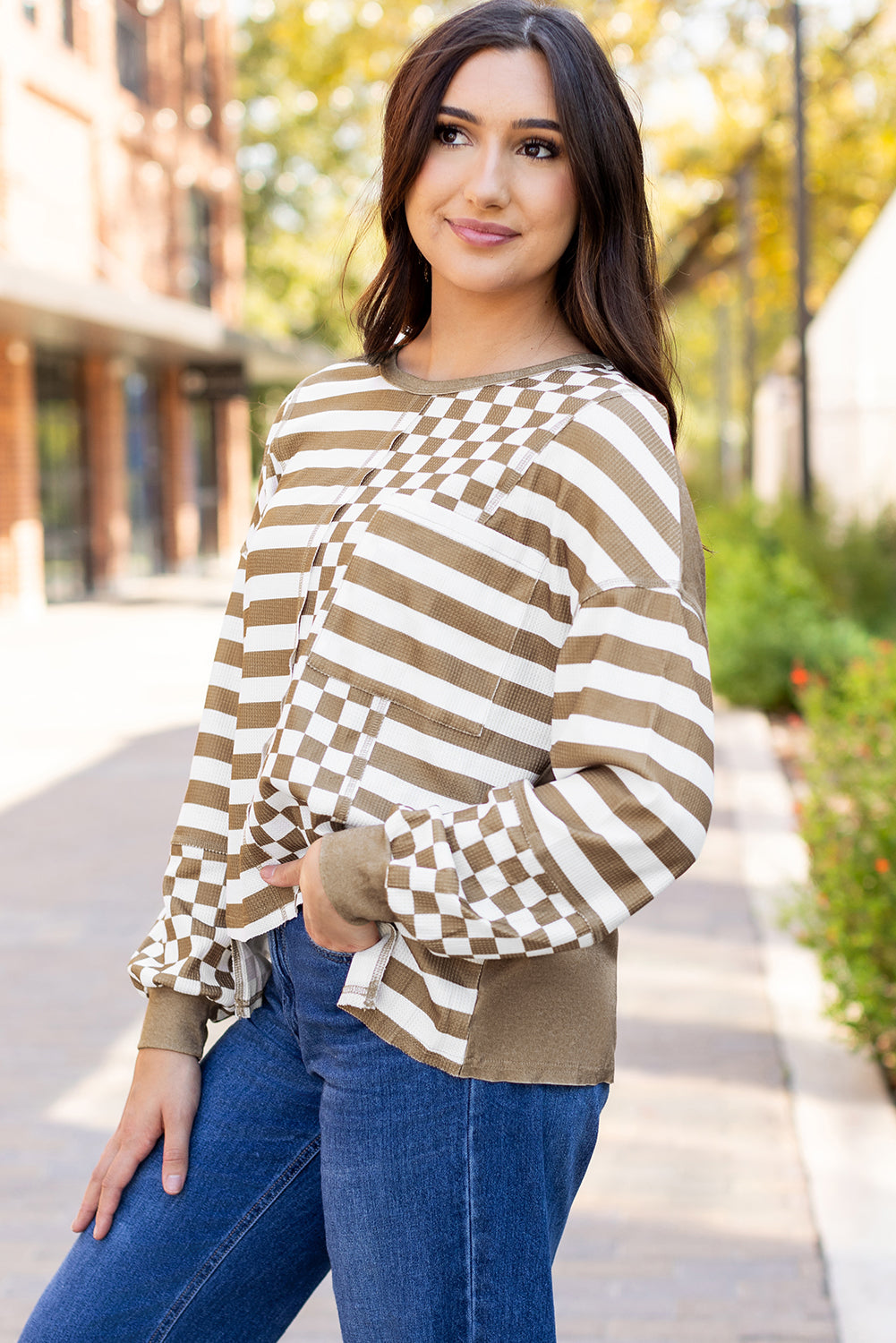 Rose Red Checkerboard Striped Patchwork Lantern Sleeve Pocketed Blouse