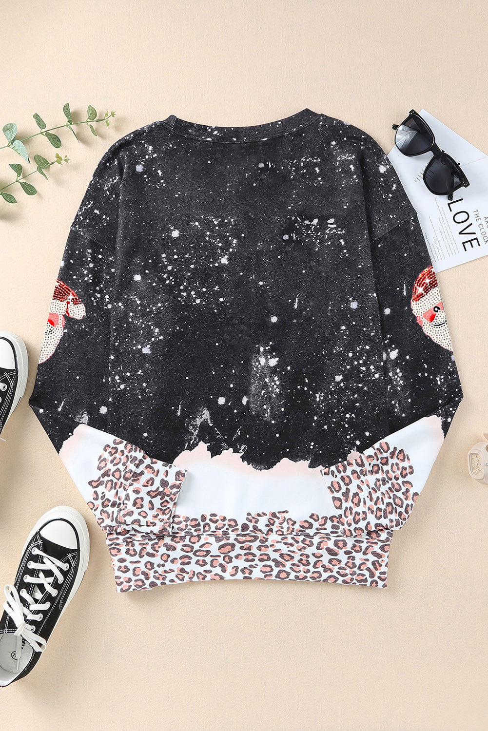 Black Leopard Sequined Santa Claus Graphic Sweatshirt