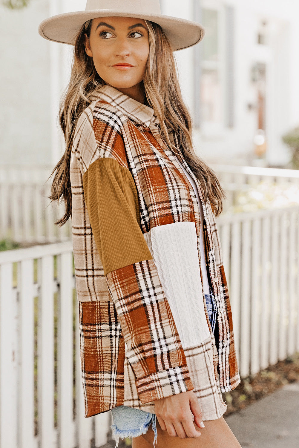 Orange Plaid Color Block Patchwork Shirt Jacket with Pocket