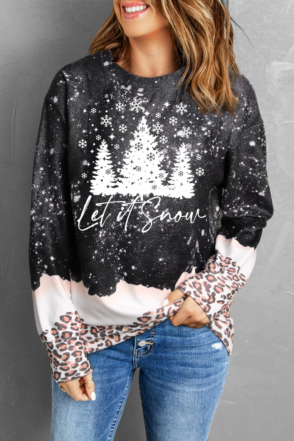 Black Christmas Tree Snowy Leopard Tie Dye Graphic Sweatshirt