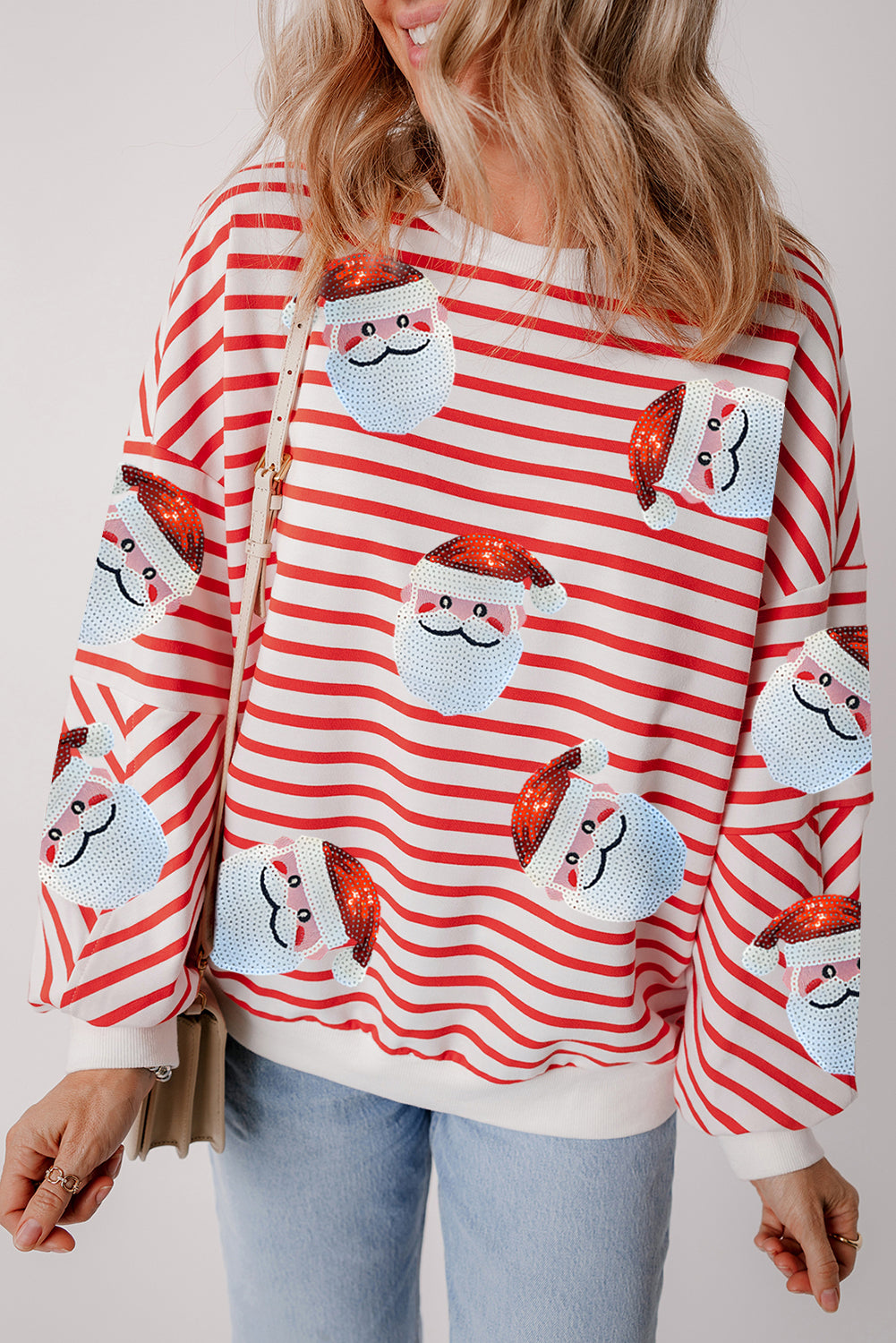 Orange Stripe Sequin Santa Claus Pattern Christmas Pullover Sweatshirt