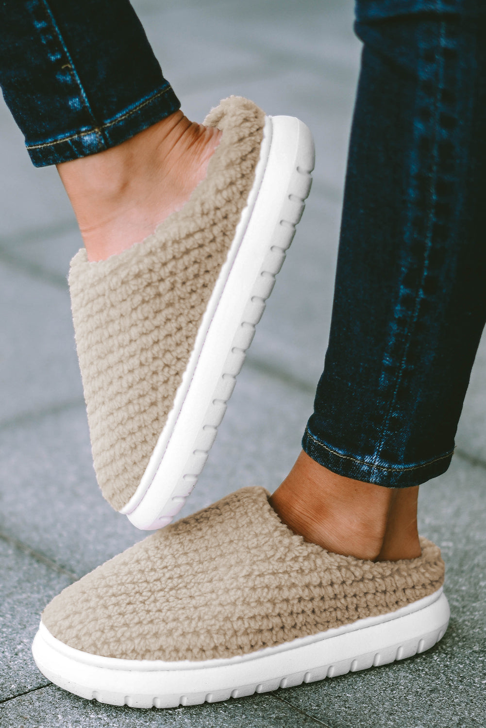 Pale Khaki Two-tone Knitted Warm Homewear Slippers