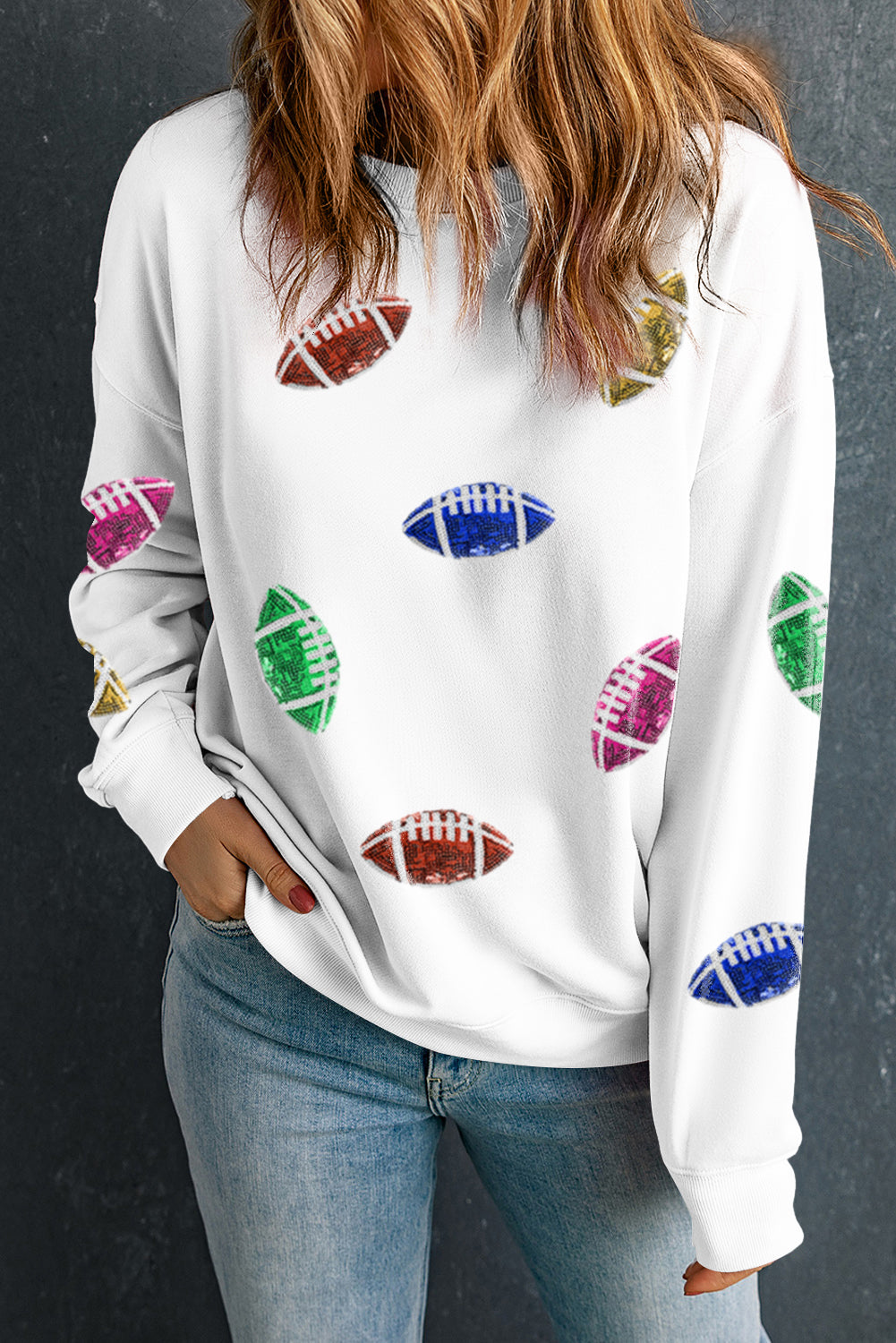 Beige Sequin Rugby Graphic Drop Sleeve Sweatshirt