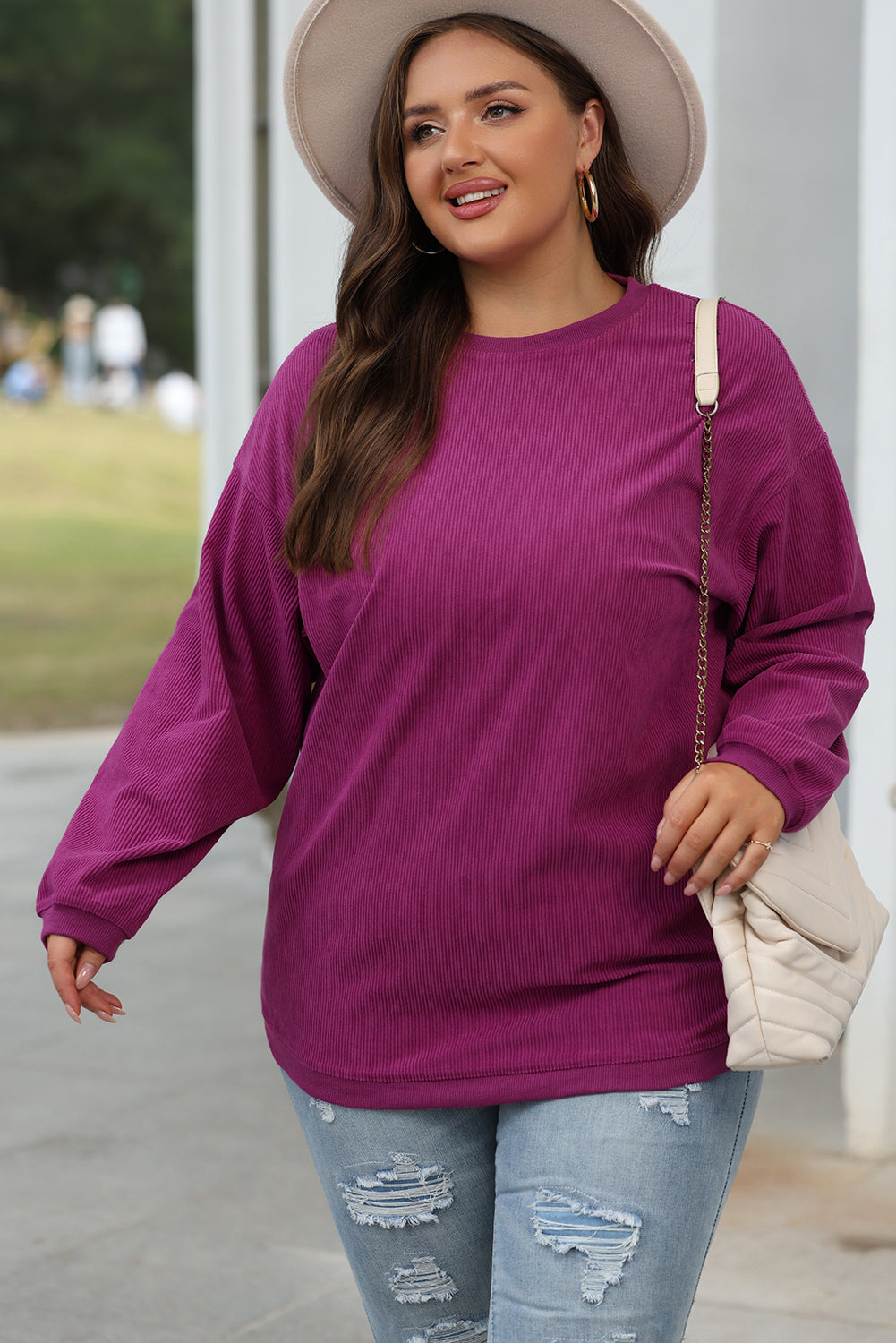 White Ribbed Corduroy Oversized Sweatshirt