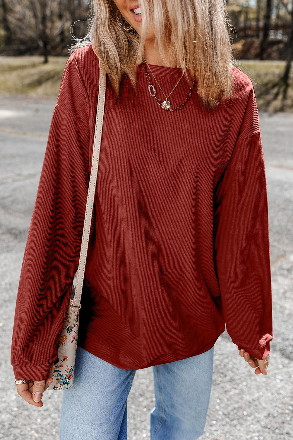 White Ribbed Corduroy Oversized Sweatshirt