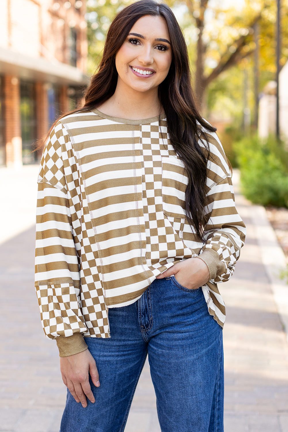 Rose Red Checkerboard Striped Patchwork Lantern Sleeve Pocketed Blouse